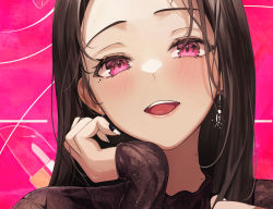 Rule 34 | 1girl, :d, black shirt, blush, brown hair, earrings, gongha, highres, jewelry, long hair, looking at viewer, mole, mole under eye, nail polish, open mouth, original, pink background, portrait, red eyes, shirt, smile, solo