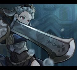 Rule 34 | 1girl, armor, blue hair, blurry, blurry background, blurry foreground, commentary request, crown, greatsword, highres, holding, holding sword, holding weapon, ilenia (unicorn overlord), letterboxed, netugen33, outdoors, queen, rain, red eyes, solo, sword, unicorn overlord, weapon