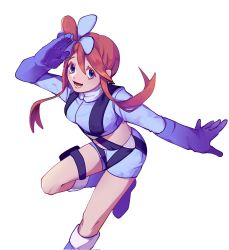 Rule 34 | 1girl, arm up, blue eyes, blue footwear, blue gloves, blue jacket, blue shorts, boots, commentary request, creatures (company), cropped jacket, game freak, gloves, hair ornament, highres, hogeol pk, jacket, leg up, lower teeth only, nintendo, one side up, open mouth, pokemon, pokemon bw, red hair, short hair with long locks, short shorts, shorts, sidelocks, simple background, skyla (pokemon), solo, teeth, thigh pouch, tongue, turtleneck, white background