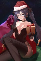 Rule 34 | 1girl, absurdres, arm up, bangko, bare shoulders, black choker, black gloves, black hair, black leotard, black thighhighs, bow, box, breasts, brown pantyhose, choker, christmas, closed mouth, collarbone, earrings, genshin impact, gift, gift box, gloves, green eyes, hair ornament, hat, highres, holding, holding gift, holding sack, jewelry, leotard, long hair, looking at viewer, md5 mismatch, medium breasts, mona (genshin impact), night, night sky, pantyhose, red bow, red hat, resolution mismatch, sack, santa hat, sitting, sky, smile, solo, source larger, sparkle print, star (sky), star (symbol), star earrings, starry sky, thighhighs, twintails