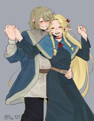 Rule 34 | 2girls, absurdres, belt, black dress, black pants, blonde hair, blue capelet, blue robe, blush, braid, capelet, choker, closed eyes, commentary, dancing, dress, dungeon meshi, elf, english commentary, falin touden, falin touden (tallman), feet out of frame, grey background, grin, hand on another&#039;s waist, hands up, highres, holding hands, light brown hair, long hair, marcille donato, multiple girls, open mouth, pants, pointy ears, red choker, robe, short hair, simple background, smile, twin braids, twitter username, white tunic, xy 424, yuri