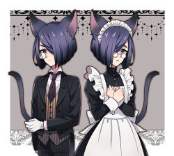 Rule 34 | 1girl, animal ears, apron, back bow, bow, butler, cat ears, cat girl, cat tail, collared shirt, crossed wrists, dual persona, female butler, formal, frilled apron, frills, glasses, gloves, hair over one eye, kmy-3 (kumayu), long sleeves, maid, maid headdress, monocle, necktie, original, pince-nez, purple hair, shirt, short hair, striped clothes, striped vest, suit, tail, vest