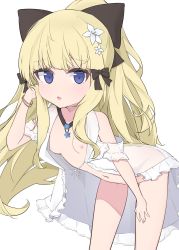 Rule 34 | 1girl, adult baby, aged down, black bow, blonde hair, blue eyes, blush, bow, breasts, cp2980606, elf, flower, hair bow, hair flower, hair ornament, highres, large breasts, long hair, looking at viewer, navel, nipples, open mouth, pointy ears, ponytail, princess connect!, saren (princess connect!), saren (summer) (princess connect!), solo