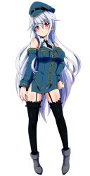 Rule 34 | 1girl, arm at side, black neckwear, black thighhighs, blue hat, blue shirt, blush, breasts, clenched hand, detached sleeves, frown, full body, garter straps, grey footwear, hair between eyes, hand on own hip, hat, long hair, long sleeves, looking at viewer, medium breasts, patriarch xtasy, red eyes, shirt, silver hair, solo, standing, tanya alexandra novelkov, thighhighs, transparent background, very long hair