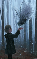 Rule 34 | 1boy, animal, bare tree, bug, dark, fly, forest, frown, hands up, hood, hoodie, insect, male focus, monokubo, nature, original, oversized animal, profile, short hair, snow, snowing, solo, tree, twitter username