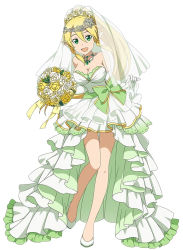 Rule 34 | 1girl, blonde hair, bouquet, breasts, bridal veil, cleavage, clothes lift, dress, flower, full body, gloves, green dress, high ponytail, holding, holding bouquet, large breasts, leafa, long hair, looking at viewer, non-web source, official art, open mouth, showgirl skirt, skirt, skirt lift, solo, sword art online, veil, wedding dress, white gloves