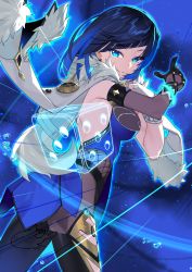 Rule 34 | 1girl, asymmetrical gloves, bare shoulders, black hair, black pants, blue dress, blue hair, blush, bob cut, breasts, diagonal bangs, dice, dress, earrings, fur-trimmed jacket, fur trim, genshin impact, gloves, green eyes, highres, jacket, jacket on shoulders, jewelry, large breasts, looking at viewer, mismatched gloves, multicolored hair, negi (ulog&#039;be), pants, pelvic curtain, short hair, smile, solo, thighs, thread, tight clothes, tight pants, two-tone hair, white jacket, yelan (genshin impact)