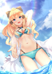 Rule 34 | 1girl, :d, arm behind head, arm up, bikini, black bikini, black bow, blonde hair, blue bikini, blue eyes, blue sky, blunt bangs, blush, bow, breasts, cameltoe, chahei, cloud, commentary, day, dutch angle, flower, gluteal fold, groin, hair bow, hair flower, hair ornament, high ponytail, highres, layered bikini, long hair, looking at viewer, medium breasts, navel, o-ring, o-ring bikini, o-ring bottom, o-ring top, open mouth, outdoors, outstretched arm, ponytail, princess connect!, saren (princess connect!), saren (summer) (princess connect!), see-through, side-tie bikini bottom, sidelocks, sky, smile, solo, standing, swimsuit, symbol-only commentary, water, white flower