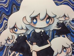 Rule 34 | 5girls, abstract background, black dress, black eyes, blue eyes, dated, dress, gradient eyes, hair over one eye, highres, looking at viewer, multicolored eyes, multiple girls, original, signature, star-shaped pupils, star (symbol), surreal, symbol-shaped pupils, tears, zukky000