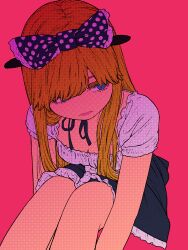 Rule 34 | 1girl, animal ears, black skirt, blonde hair, blouse, blue eyes, bow, breasts, colored eyelashes, dithering, fake animal ears, frilled bow, frilled skirt, frills, hair bow, halftone texture, highres, lips, lipstick, long hair, low neckline, makeup, mouse ears, neck ribbon, original, pink background, polka dot, polka dot bow, ribbon, shirt, short sleeves, simple background, sitting, skirt, small breasts, solo, tagro, white shirt