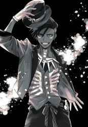 Rule 34 | 1boy, black background, black hat, black pants, bone necklace, clothes pull, collared jacket, earrings, facial tattoo, gloves, hand on headwear, hat, highres, jacket, jacket pull, jewelry, kizu natsuki, looking at viewer, male focus, open clothes, open jacket, paint splatter, pants, sam (twisted wonderland), short hair, simple background, smile, solo, sweater vest, tattoo, twisted wonderland, white gloves