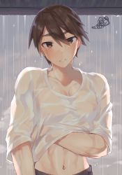 Rule 34 | 1boy, absurdres, blush, brown eyes, brown hair, clothes lift, collarbone, hair between eyes, hand under clothes, hand under shirt, hand up, highres, kurobikari, lifting own clothes, looking at viewer, male focus, navel, original, parted lips, pectoral cleavage, pectorals, rain, see-through, shirt, shirt lift, short hair, short sleeves, solo, squiggle, toned, toned male, upper body, wet, wet clothes, wet hair, wet shirt, white shirt
