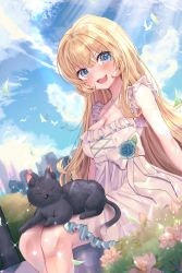 Rule 34 | 1girl, :d, animal, animal on lap, black cat, blonde hair, blue eyes, blue flower, blue rose, blue sky, blush, breasts, cat, cleavage, cloud, cloudy sky, commentary, commission, day, dress, fang, feet out of frame, flower, frilled dress, frills, hair between eyes, highres, leehwa, long hair, looking at viewer, medium breasts, on lap, open mouth, original, outdoors, pink flower, rose, sky, sleeveless, sleeveless dress, smile, solo, very long hair, white dress