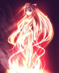 Rule 34 | 1girl, bad id, bad twitter id, barefoot, breasts, convenient censoring, expressionless, fujiwara no mokou, full body, gradient background, hair ornament, hair ribbon, highres, long hair, looking at viewer, minust, navel, nude, red eyes, ribbon, silver hair, small breasts, solo, touhou