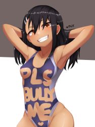 Rule 34 | 1girl, armpits, arms behind head, arms up, artist name, black hair, blue one-piece swimsuit, blush, breasts, collarbone, competition swimsuit, cowboy shot, dark-skinned female, dark skin, fangs, grey background, grey one-piece swimsuit, grin, groin, hair between eyes, hair ornament, hairclip, hands in hair, head tilt, highleg, highleg swimsuit, highres, hip focus, ijiranaide nagatoro-san, impossible clothes, long hair, looking at viewer, multicolored clothes, multicolored swimsuit, nagatoro hayase, navel, nipple slip, nipples, nyxkz, one-piece swimsuit, orange eyes, revealing layer, shiny skin, small breasts, smile, solo, standing, swimsuit, teeth, two-tone background, white background