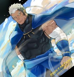 Rule 34 | 1boy, bara, blue cape, cape, clenched hand, copyright name, dark skin, dark-skinned male, highres, hiraga0613, looking at viewer, male focus, muscular, outdoors, pixiv fantasia, pixiv fantasia age of starlight, pointy ears, scar, sleeveless, solo, white hair, yellow eyes