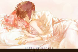 Rule 34 | 1boy, 1girl, asbel lhant, bad id, bad pixiv id, brown hair, character name, cheria barnes, copyright name, couple, closed eyes, hetero, kena, pillow, pink hair, shirt, short hair, smile, tales of (series), tales of graces, white theme