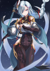 Rule 34 | 1girl, black gloves, blue eyes, bodysuit, braid, breasts, clothing cutout, covered navel, genshin impact, gloves, hair ornament, hair over one eye, highres, hip vent, jewelry, large breasts, long hair, looking at viewer, low-braided long hair, low-tied long hair, oramustat, shenhe (genshin impact), shoulder cutout, silver hair, smile, solo, staff, tassel, very long hair