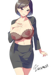 Rule 34 | 1girl, artist name, black bra, black hair, black jacket, black skirt, bra, breasts, cleavage, collarbone, commentary request, covered erect nipples, earrings, formal, grin, hand on own chest, heart pasties, highres, jacket, jewelry, large breasts, long sleeves, looking at viewer, mole, mole on breast, mole under eye, navel, no bangs, no shirt, office lady, original, paid reward available, pasties, pencil skirt, purple eyes, sakamata (sakamata4), see-through, short hair, simple background, skirt, skirt suit, smile, solo, suit, underwear, white background