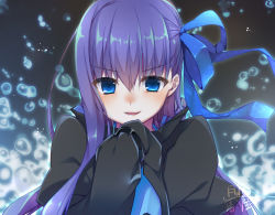 Rule 34 | 10s, 1girl, :d, black coat, blue eyes, blush, bubble, coat, commentary request, fate/extra, fate/extra ccc, fate (series), hair ribbon, hands in opposite sleeves, inose riku, long hair, looking at viewer, meltryllis (fate), open mouth, purple hair, ribbon, sleeves past wrists, smile, solo, upper body