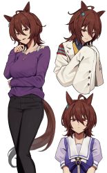 1girl absurdres agamemega agnes_tachyon_(umamusume) animal_ears black_pants breasts brown_eyes brown_hair closed_mouth coat earrings hair_between_eyes highres horse_ears horse_girl horse_tail jewelry lab_coat long_sleeves looking_at_viewer medium_breasts multiple_views necklace pants parted_lips sailor_collar school_uniform serafuku short_hair short_sleeves simple_background single_earring sleeves_past_fingers sleeves_past_wrists smile tail tracen_school_uniform umamusume white_background