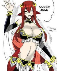 Rule 34 | 10s, 1girl, breasts, colorized, cowboy shot, elbow gloves, closed eyes, female focus, gloves, hair ornament, hair tubes, lamia, large breasts, long hair, miia&#039;s mother, monster girl, monster musume no iru nichijou, navel, official art, okayado, open mouth, pointy ears, red hair, solo, very long hair, white background
