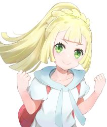 Rule 34 | 1girl, backpack, bag, blonde hair, blue sailor collar, blush, braid, closed mouth, collarbone, commentary request, creatures (company), eyelashes, game freak, green eyes, hands up, high ponytail, highres, hsin, lillie (pokemon), looking at viewer, nintendo, pokemon, pokemon sm, red bag, sailor collar, shirt, simple background, smile, solo, split mouth, upper body, w arms, white background, white shirt