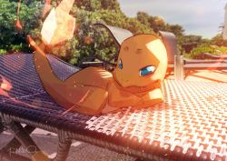 Rule 34 | animal focus, artist name, beach chair, blue eyes, blue sky, charmander, closed mouth, creatures (company), day, embers, fang, fang out, fire, flame-tipped tail, full body, game freak, gen 1 pokemon, half-closed eyes, looking at viewer, lying, nintendo, no humans, on chair, on stomach, outdoors, photo background, pokemon, pokemon (creature), signature, simone di meo, sky, solo, tree