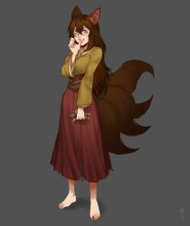 Rule 34 | 1girl, absurdres, animal ears, bags under eyes, barefoot, biting, biting own thumb, brown hair, clenched teeth, commentary, commission, english commentary, fox ears, fox girl, fox tail, full body, grey background, hair between eyes, hakama, hakama skirt, highres, japanese clothes, kitsune, less, long hair, long skirt, long sleeves, looking at viewer, multiple tails, original, red skirt, shirt, simple background, skirt, solo, standing, straw doll, tail, teeth, biting own thumb, wavy hair, yellow eyes, yellow shirt