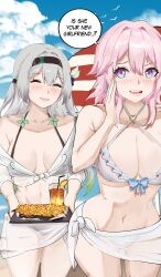 Rule 34 | 2girls, :d, ^ ^, absurdres, bare shoulders, bikini, black hairband, blue eyes, blue sky, blush, breasts, cleavage, closed eyes, cloud, commentary, cowboy shot, criss-cross halter, cup, day, drinking glass, drinking straw, firefly (honkai: star rail), food, french fries, fruit, grey hair, hairband, halterneck, hand up, highres, holding, holding tray, honkai: star rail, honkai (series), kagurachi, lemon, lemon slice, long hair, march 7th (honkai: star rail), medium breasts, multiple girls, navel, off shoulder, open mouth, pink hair, purple eyes, shirt, sky, smile, speech bubble, standing, stomach, swimsuit, thighs, tied shirt, tray, two-tone eyes, white bikini, white shirt