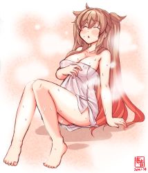Rule 34 | 1girl, alternate costume, artist logo, barefoot, breasts, cleavage, closed eyes, commentary request, dated, full body, highres, kanon (kurogane knights), kantai collection, large breasts, light brown hair, long hair, murasame (kancolle), naked towel, sauna, solo, steam, sweat, towel, two side up