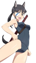 Rule 34 | 1girl, animal ears, black hair, blue one-piece swimsuit, blush, breasts, brown eyes, covered navel, dog ears, dog girl, dog tail, eyepatch, hand on own hip, long hair, looking at viewer, medium breasts, nanashino, one-piece swimsuit, open mouth, ponytail, sakamoto mio, smile, solo, strike witches, swimsuit, sword, tail, weapon, world witches series