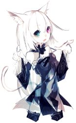 Rule 34 | 1girl, animal ears, bare shoulders, black thighhighs, blue eyes, cat ears, cat tail, dress, fang, heterochromia, highres, long hair, open mouth, original, paw pose, purple eyes, ribbon, riuichi, simple background, solo, tail, thighhighs, white background, white hair