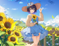 Rule 34 | 1girl, absurdres, blue choker, blue dress, blue eyes, blue ribbon, blue sky, blush, brown hat, choker, cloud, day, dress, field, flower, flower field, frilled sleeves, frills, hair between eyes, hand on headwear, hat, hat ribbon, highres, holding, holding flower, honkai (series), honkai impact 3rd, long sleeves, looking at viewer, outdoors, petals, purple hair, ribbon, seele vollerei, short hair, sky, solo, standing, sun hat, sunflower, sunflower field, sunlight, takeawatch, thighhighs, two side up, yellow flower