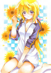 Rule 34 | 10s, 1girl, barefoot, between legs, blonde hair, breasts, charlotte dunois, checkered background, cleavage, flower, hand between legs, infinite stratos, jacket, jewelry, necklace, ponytail, purple eyes, shiawase usagi, sleeves pushed up, smile, solo, sunflower, track jacket