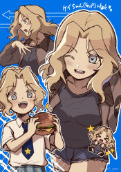 1girl black_shirt blonde_hair blue_background blue_eyes blue_shorts blush breasts burger food girls_und_panzer highres holding holding_burger holding_food kay_(girls_und_panzer) large_breasts long_hair looking_at_viewer military_uniform multiple_views necktie one_eye_closed open_mouth s1567_ykmr saunders_military_uniform shirt shorts smile