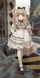 Rule 34 | 1girl, absurdres, angel, angel wings, black bow, black footwear, bow, bright pupils, brown eyes, brown hair, building, can, city, day, dress, feathered wings, hair bow, halo, highres, holding, lolita fashion, long hair, long sleeves, looking at viewer, multiple hair bows, original, outdoors, pantyhose, shoes, sign, solo, very long hair, white bow, white dress, white pantyhose, white pupils, white wings, wings, zinbei