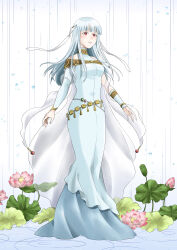 Rule 34 | 1girl, absurdres, blue dress, blue hair, blue sleeves, breasts, colored eyelashes, commentary request, detached sleeves, dress, fire emblem, fire emblem: the blazing blade, flower, highres, long dress, long hair, medium breasts, midori no baku, ninian (fire emblem), nintendo, parted lips, pink flower, red eyes, sleeveless, sleeveless dress, solo, teeth, white background