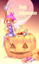 Rule 34 | 1girl, american flag dress, american flag legwear, arm up, blonde hair, candy, clownpiece, english text, fairy wings, food, full body, full moon, gradient background, halloween, happy halloween, hare sakura, hat, highres, jack-o&#039;-lantern, jester cap, lollipop, long hair, looking at viewer, moon, mouth hold, pantyhose, print pantyhose, purple eyes, short sleeves, sitting, smile, solo, star (symbol), striped, sweets, text focus, touhou, wings
