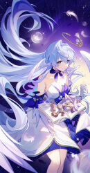 Rule 34 | 1girl, aqua eyes, autumnlll, bare shoulders, blue hair, book, breasts, cleavage, closed mouth, detached sleeves, dress, floating hair, gloves, halo, head wings, highres, holding, holding book, honkai: star rail, honkai (series), long hair, looking at viewer, purple dress, robin (honkai: star rail), short sleeves, smile, solo, sunday (honkai: star rail), two-tone dress, white dress, white gloves, white wings, wings