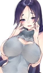 Rule 34 | 1girl, absurdres, alternate costume, bare shoulders, blush, breasts, cleavage cutout, clothing cutout, commentary request, covered navel, fate/grand order, fate (series), hands on own cheeks, hands on own face, highres, huge breasts, kou mashiro, leotard, long hair, minamoto no raikou (fate), open mouth, parted bangs, purple eyes, purple hair, solo, striped clothes, striped leotard, very long hair