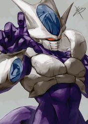 Rule 34 | 1boy, armor, black nails, colored skin, cooler (dragon ball), covered mouth, dragon ball, dragonball z, evil eyes, facial mask, fifth form (dragon ball), fingernails, frieza clan, horns, looking at viewer, male focus, mask, mouth mask, muscular, nail polish, orb, purple skin, red eyes, reeya, simple background, solo, white skin