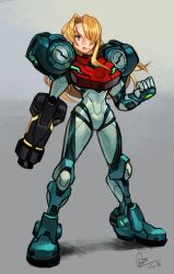 Rule 34 | 1girl, alex ahad, arm cannon, armor, blonde hair, clenched hand, full body, grey background, hair over one eye, highres, looking at viewer, metroid, metroid dread, mole, mole under mouth, narrow waist, nintendo, power armor, samus aran, solo, standing, weapon