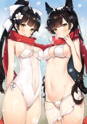 Rule 34 | 2girls, animal ears, atago (azur lane), atago (summer march) (azur lane), ayami, azur lane, bikini, black hair, bow, breasts, casual one-piece swimsuit, commentary request, long hair, medium breasts, multiple girls, one-piece swimsuit, ribbon, sarong, scarf, shared clothes, shared scarf, swept bangs, swimsuit, takao (azur lane), takao (beach rhapsody) (azur lane), very long hair, white bikini, white bow, white one-piece swimsuit, white ribbon