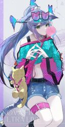 Rule 34 | 1girl, absurdres, alternate costume, animal ears, arknights, bag, belt, black belt, blue jacket, bubble, cat-shaped eyewear, cat ears, cat girl, cat tail, cropped jacket, denim, denim shorts, english text, feet out of frame, green eyes, grey hair, hair ornament, high ponytail, highres, jacket, jessica (arknights), long hair, long sleeves, looking at viewer, midriff, multicolored clothes, multicolored hair, multicolored jacket, pink bag, pink belt, pink hair, pink jacket, pom pom (clothes), pom pom hair ornament, shorts, shoulder bag, solo, sunglasses, tail, thigh belt, thigh strap, two-tone eyewear, two-tone hair, two-tone jacket, very long hair, visor cap, yuki flourish