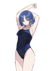 Rule 34 | 1girl, absurdres, armpits, arms up, asymmetrical breasts, blue hair, bocchi the rock!, breasts, empty eyes, groin, hair ornament, hairclip, highres, medium breasts, mole, mole under eye, one-piece swimsuit, putama, school swimsuit, short hair, simple background, solo, swimsuit, wet, white background, yamada ryo, yellow eyes
