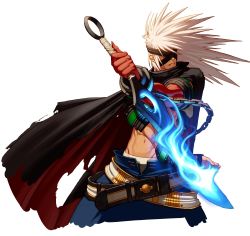 Rule 34 | 00s, asura (dungeon and fighter), belt, blindfold, cape, chain, cloak, cuffs, dungeon and fighter, highres, long hair, muscular, red arm, shackles, topless male, slayer (dungeon and fighter), sword, weapon, white hair