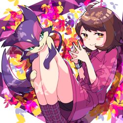 Rule 34 | 1girl, :&gt;, absurdres, ahoge, bike shorts, blush stickers, bob cut, brown hair, closed mouth, collared dress, commentary request, creatures (company), dress, dynamax band, eyelashes, game freak, gen 5 pokemon, gloria (pokemon), highres, looking to the side, nintendo, own hands together, pink dress, plaid, plaid legwear, pokemon, pokemon (creature), pokemon swsh, pon yui, purple legwear, purrloin, short hair, sleeves past elbows, smile, socks, yellow eyes