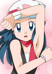 Rule 34 | 1girl, armpits, blue eyes, blue hair, breasts, creatures (company), dawn (pokemon), female focus, game freak, hainchu, looking at viewer, matching hair/eyes, nintendo, pokemon, pokemon (anime), pokemon dppt (anime), scarf, small breasts, solo
