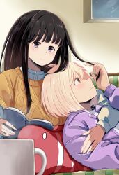 Rule 34 | 2girls, absurdres, black hair, blonde hair, blurry, blush, bob cut, book, brown sweater vest, chai haru, closed mouth, commentary request, couch, couple, cup, depth of field, highres, holding, holding book, indoors, inoue takina, jacket, leaning on person, long hair, long sleeves, lycoris recoil, lying, mug, multiple girls, nishikigi chisato, one side up, open book, playing with another&#039;s hair, puffy sleeves, purple eyes, purple jacket, shadow, shirt, short hair, sweater vest, upper body, white shirt, yuri